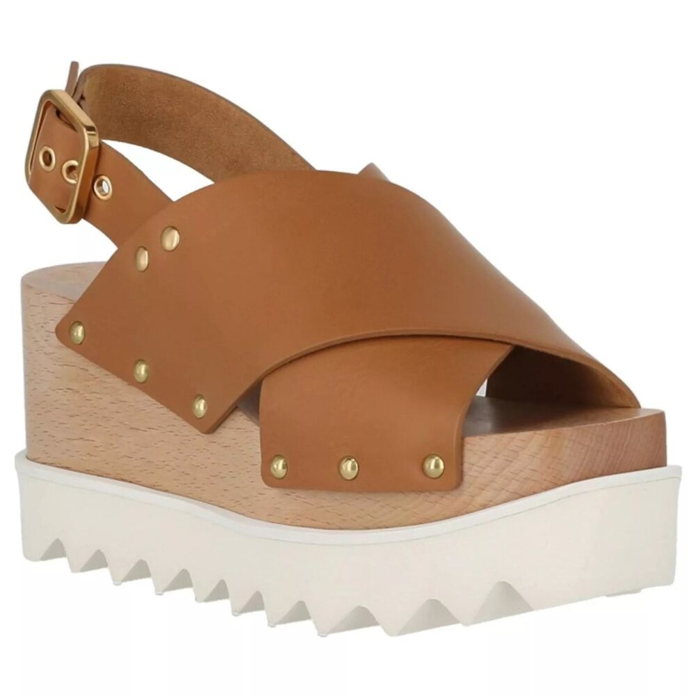 $850 STELLA MCCARTNEY PERCY PLATFORM CRISS CROSS LEATHER SANDAL CAMEL 37 (DB23)